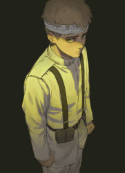 Rule 34 | 1boy, absurdres, artbyshinji, bandages, black background, black eyes, brown hair, chest harness, closed mouth, cowboy shot, falco grice, harness, highres, jacket, long sleeves, looking at viewer, male focus, marley military uniform, military, military uniform, pants, shingeki no kyojin, short hair, simple background, solo, standing, uniform, white jacket, white pants