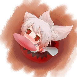 Rule 34 | 1girl, animal ears, bad id, bad pixiv id, blush, detached sleeves, female focus, frisbee, from above, inubashiri momiji, looking up, mouth hold, nightmare cat, red eyes, solo, tail, tail wagging, touhou, white hair, wolf ears, wolf tail