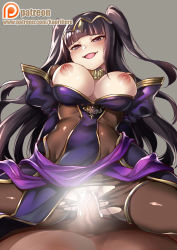 Rule 34 | 1boy, 1girl, black dress, black hair, breasts, breasts out, censored, clothed female nude male, clothed sex, dress, fire emblem, fire emblem awakening, fire emblem heroes, hetero, highres, kaorihero, large breasts, light censor, long hair, looking at viewer, nintendo, nipples, nude, open mouth, pantyhose, penis, pov, purple eyes, pussy, sex, simple background, smile, solo focus, spread legs, tharja (bridal) (fire emblem), tharja (fire emblem), tiara, torn clothes, torn legwear, vaginal, wedding dress