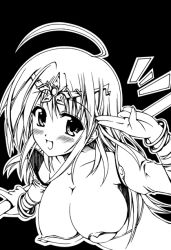 Rule 34 | 1girl, ^^^, ahoge, ayuhara hiiro, black background, blush, bracelet, breasts, circlet, collarbone, fantasy earth, greyscale, jewelry, large breasts, looking at viewer, monochrome, outstretched arm, salute, simple background, solo, upper body