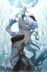 Rule 34 | 1girl, ahoge, armpit crease, arms up, bare tree, bell, black leotard, black pantyhose, blue eyes, blue gloves, chinese knot, covered face, cowbell, cowboy shot, crystal, detached sleeves, ganyu (genshin impact), genshin impact, gloves, goat horns, gold trim, highleg, highleg leotard, highres, horns, leotard, long hair, looking at viewer, magic, orb, outdoors, pantyhose, pelvic curtain, pink eyes, shioha, solo, strapless, strapless leotard, tassel, tree, very long hair, vision (genshin impact)