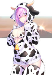 Rule 34 | 1girl, absurdres, alternate costume, animal costume, animal ears, animal print, bell, black-framed eyewear, blush, breasts, cleavage, commentary request, cow ears, cow girl, cow horns, cow print, cow tail, cowbell, cowboy shot, fake animal ears, fake horns, fake tail, fate/grand order, fate (series), glasses, hair over one eye, hands up, highres, hood, horns, huge filesize, large breasts, looking at viewer, m.tokotsu, mash kyrielight, mountain, purple eyes, purple hair, short hair, sleeves past wrists, solo, tail, thighhighs
