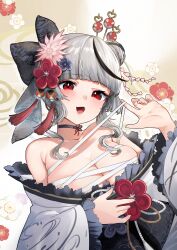 Rule 34 | 1girl, absurdres, bandages, bare shoulders, black choker, black hair, blue flower, blunt bangs, blush, bow, breasts, chest sarashi, choker, cleavage, collarbone, commentary request, eyelashes, flower, flower (symbol), flower knot, frilled kimono, frills, grey hair, grey kimono, hair bow, hair bun, hair flower, hair ornament, hairpin, hand up, heart, highres, hololive, japanese clothes, kanzashi, kimono, large breasts, long sleeves, looking at viewer, medium hair, multicolored background, multicolored hair, off shoulder, open mouth, pink flower, print kimono, red eyes, red flower, rope, sakamata chloe, sakamata chloe (new year), sarashi, sidelocks, single hair bun, single side bun, skindentation, smile, solo, streaked hair, sunano reona, tassel, undone sarashi, upper body, virtual youtuber, white background, wide sleeves