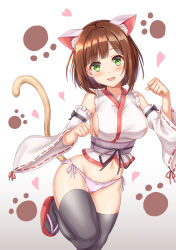 Rule 34 | 1girl, absurdres, animal ear fluff, animal ears, black thighhighs, breasts, brown hair, cat ears, cat tail, fang, green eyes, highres, idolmaster, idolmaster cinderella girls, japanese clothes, kyamu (qqea92z9n), large breasts, light blush, looking at viewer, maekawa miku, miko, navel, nontraditional miko, open mouth, panties, paw pose, paw print, paw print background, sandals, sideboob, smile, solo, standing, standing on one leg, stomach, tail, thighhighs, thighs, underwear