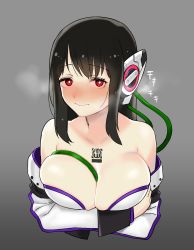 Rule 34 | 1girl, absurdres, black hair, blush, breasts, cleavage, closed mouth, highres, humagear headphones, izu (kamen rider 01), kamen rider, kamen rider 01 (series), large breasts, long hair, looking at viewer, red eyes, robot ears, shigehiro (hiroi heya), short hair, simple background, smile, solo