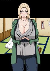 Rule 34 | 1girl, blonde hair, blush, breasts, brown eyes, cleavage, crossed arms, dildo, facial mark, female focus, forehead, forehead mark, hair tie, highres, huge breasts, lipstick, long hair, looking at viewer, makeup, naruho, naruto, naruto (series), neck, sex toy, solo, tagme, tatami, tissue box, tsunade (naruto)