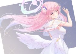 Rule 34 | 1girl, absurdres, angel wings, blue archive, blush, breasts, crescent, crescent pin, dress, feathered wings, flower, grin, hair bun, hair flower, hair ornament, halo, highres, long hair, looking at viewer, medium breasts, mika (blue archive), pink hair, pink halo, purple flower, single side bun, sleeveless, sleeveless dress, smile, solo, upper body, v, white dress, white wings, wings, yata mawari, yellow eyes