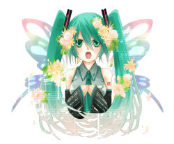 Rule 34 | 1girl, bad id, bad pixiv id, bare shoulders, butterfly wings, detached sleeves, flower, green eyes, green hair, hair flower, hair ornament, hands on own chest, hatsune miku, insect wings, matching hair/eyes, musical note, necktie, open mouth, solo, twintails, vocaloid, wings, yzkring