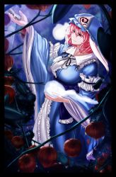Rule 34 | 1girl, arm garter, arm up, bad id, bad pixiv id, black border, blue background, blue kimono, border, bush, chinese lantern (plant), commentary request, cowboy shot, disembodied limb, hair between eyes, hat, highres, hitodama, holding, japanese clothes, karukamingu, kimono, looking to the side, looking up, mob cap, night, obi, outdoors, outstretched arm, pink eyes, pink hair, plant, plant request, reaching, saigyouji yuyuko, sash, short hair, smile, solo focus, standing, touhou, triangular headpiece, vines