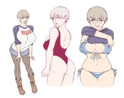 Rule 34 | ass, bikini, blush, breasts, cleavage, covered erect nipples, full body, happy, large breasts, leggings under shorts, leotard, licking, looking at viewer, multiple views, pantyhose, shirt, short hair, shorts, smile, source request, standing, swimsuit, tagme, thighs, undressing, uzaki-chan wa asobitai!, uzaki hana, wide hips