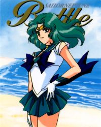 Rule 34 | 1990s (style), angry, aqua hair, beach, bishoujo senshi sailor moon, kaiou michiru, miniskirt, official art, sailor neptune, sand, skirt, water, wavy hair, wind