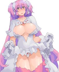 Rule 34 | 10s, 1girl, alternate breast size, blush, bow, breasts, center opening, clothes lift, dress, dress lift, female focus, gloves, groin, hair bow, hair ribbon, highres, kaname madoka, large breasts, long hair, mahou shoujo madoka magica, mahou shoujo madoka magica (anime), micro panties, minakami (flyingman555), multiple girls, nipple slip, nipples, no bra, panties, pink hair, ribbon, simple background, skirt, skirt lift, solo, spoilers, thighhighs, twintails, two side up, ultimate madoka, underwear, yellow eyes