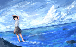 Rule 34 | . (kometto333), 1girl, absurdres, arm up, black hair, cloud, cloudy sky, dutch angle, highres, looking at viewer, ocean, open mouth, original, pleated skirt, scenery, school uniform, shoes, unworn shoes, short hair, skirt, sky, smile, solo, wading, water
