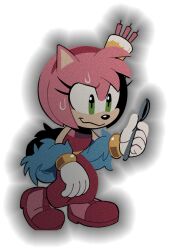 Rule 34 | 1girl, amy rose, animal ears, animal nose, bare shoulders, bob cut, body fur, cake, candle, closed mouth, dark, digimin, dress, ear covers, feather boa, female focus, flat chest, food, food on head, full body, furry, furry female, gloves, green eyes, hairband, hand up, heel up, holding, holding spoon, long dress, nervous, nervous smile, non-web source, object on head, official art, outline, pink fur, pink hair, red dress, red footwear, red hairband, sash, shoes, short hair, sidelocks, simple background, single ear cover, sleeveless, sleeveless dress, smile, solo, sonic (series), spoon, standing, sweat, the murder of sonic the hedgehog, transparent background, uneven eyes, wavy mouth, white gloves