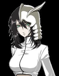 Rule 34 | 00s, 1girl, animated, animated gif, arrancar, black hair, bleach, blinking, blush, breasts, colored skin, facial mark, gender request, genderswap, green eyes, large breasts, lowres, number tattoo, simple background, skull, smile, solo, tattoo, transparent background, ulquiorra cifer, white background, white skin