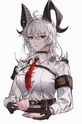 1girl arm_pouch armband black_armband black_gloves black_horns black_pouch breasts bulle_tomato chest_harness closed_mouth collared_shirt commentary_request cropped_torso cup curled_horns earrings gloves grey_background harness highres holding holding_cup horns jewelry key_earrings korean_commentary looking_at_viewer medium_breasts medium_hair multicolored_hair necktie red_eyes red_necktie shirt simple_background solo streaked_hair teacup white_shirt wuthering_waves zani_(wuthering_waves)