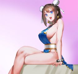 Rule 34 | 1girl, :d, alternate costume, bare shoulders, blue dress, blue eyes, bracelet, breasts, brown hair, bun cover, capcom, china dress, chinese clothes, chun-li, double bun, dress, earrings, gzy, hair between eyes, highres, jewelry, large breasts, legs, crossed legs, looking at viewer, no bra, no panties, open mouth, pelvic curtain, pink background, sash, sideboob, sitting, smile, solo, spiked bracelet, spikes, street fighter, thick thighs, thighs