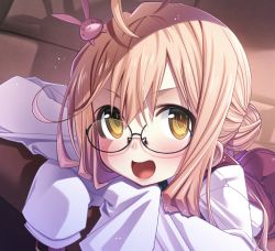 Rule 34 | &gt;:d, 10s, 1girl, :d, ahoge, blonde hair, blush, glasses, kantai collection, long hair, looking at viewer, makigumo (kancolle), open mouth, rimless eyewear, sakuya tsuitachi, school uniform, sleeves past wrists, smile, solo, v-shaped eyebrows, yellow eyes