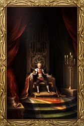 Rule 34 | 1boy, artist request, candle, candlestand, chaos online, curtains, highres, indoors, looking at viewer, male focus, official art, picture frame, radeath, short hair, sitting, solo, throne