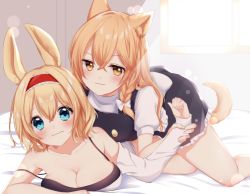 Rule 34 | 2girls, absurdres, alice margatroid, animal ears, arm grab, bad id, bad pixiv id, bare shoulders, black bra, black dress, blonde hair, blue eyes, blush, bra, braid, breasts, commentary request, dress, feet out of frame, grabbing, hair between eyes, hairband, highres, indoors, kemonomimi mode, kirisame marisa, large breasts, long hair, long sleeves, looking at another, looking at viewer, lying, multiple girls, no headwear, on stomach, petticoat, puffy short sleeves, puffy sleeves, rabbit ears, red hairband, shinonome asu, shirt, short dress, short hair, short sleeves, single braid, smile, strap slip, tail, thighs, touhou, underwear, white shirt, wolf ears, wolf tail, yellow eyes, yuri