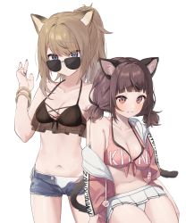 Rule 34 | 2girls, animal ear fluff, animal ears, bikini, black bikini, blue eyes, blue shorts, breasts, brown hair, cardigan, cat ears, cat tail, cleavage, collarbone, commentary, cowboy shot, denim, denim shorts, eyes visible through hair, grin, hands up, highres, kmnz, large breasts, long hair, looking at viewer, looking over eyewear, looking over glasses, mc lita, mc liz, medium breasts, miniskirt, multiple girls, nail polish, navel, off shoulder, open cardigan, open clothes, panties, pantyshot, pink bikini, pink sweater, pleated skirt, ponytail, purple nails, red eyes, see-through, short hair, short twintails, shorts, simple background, single bare shoulder, sitting, skirt, smile, solo, standing, sunglasses, sweater, swimsuit, syhan, symbol-only commentary, tail, teeth, tinted eyewear, twintails, underwear, virtual youtuber, white background, white bikini, white panties, white skirt