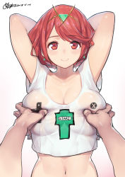 Rule 34 | 1girl, absurdres, alternate costume, arms behind head, arms up, blush, grabbing another&#039;s breast, breasts, cleavage, clothes writing, crop top, dated, earrings, gorgeous mushroom, grabbing, gradient background, hairband, highres, jewelry, large breasts, looking at viewer, navel, nintendo, pyra (xenoblade), red eyes, red hair, see-through, shirt, short hair, simple background, smile, solo focus, sweatdrop, swept bangs, t-shirt, white background, xenoblade chronicles (series), xenoblade chronicles 2