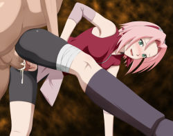 Rule 34 | 1girl, bare shoulders, bent over, bike shorts, blush, boots, breasts, circle anco, clitoris, clothed female nude male, clothed sex, cum, cum in pussy, green eyes, haruno sakura, headband, highres, legs, naruto, naruto (series), ninja, no panties, nude, open mouth, penis, pink hair, pussy, sex, short hair, simple background, smile, sweat, thighs, torn clothes, uncensored, urethra, vaginal