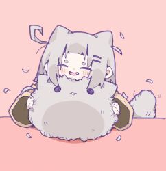 Rule 34 | 1girl, absurdres, blush, closed eyes, creature, fang, grey hair, hair ears, hair ornament, hairclip, highres, long sleeves, messy hair, nikamoka, open mouth, original, pink background, smile, tail, wide sleeves