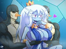 Rule 34 | 1girl, 2boys, adventure time, ancient greek clothes, aphrodite (shuumatsu no valkyrie), aphrodite (shuumatsu no valkyrie) (cosplay), bikini, bird, blue skin, breasts, cleavage, colored skin, cosplay, crown, grabbing, grabbing another&#039;s breast, greco-roman clothes, highres, ice queen (adventure time), lazaki, long hair, meme, multiple boys, penguin, purple eyes, saliva, servants holding aphrodite&#039;s breasts (meme), sharp teeth, shuumatsu no valkyrie, swimsuit, teeth, white hair