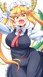Rule 34 | 1girl, aono3, blush, breasts, dragon girl, dragon horns, dragon tail, fang, gloves, highres, horns, kobayashi-san chi no maidragon, large breasts, long hair, looking at viewer, maid, maid headdress, necktie, open mouth, orange eyes, orange hair, red necktie, skin fang, smile, solo, tail, tohru (maidragon), twintails, v, v over eye, white gloves