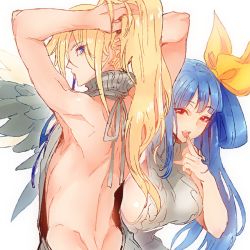 Rule 34 | 1boy, 1girl, angel wings, arms up, asymmetrical wings, back, blonde hair, blue eyes, blush, breasts, couple, dizzy (guilty gear), finger to mouth, grey sweater, guilty gear, guilty gear xrd, hair between eyes, hair ribbon, hetero, husband and wife, kin mokusei, ky kiske, large breasts, long hair, looking at viewer, looking back, mature female, meme attire, open mouth, ponytail, red eyes, ribbon, seductive smile, sideboob, simple background, smile, sweater, twintails, virgin killer sweater, white background, wings, yellow ribbon