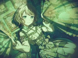 Rule 34 | 1girl, bang dream!, bow, braid, brown hair, chest harness, clothing cutout, curtains, floral background, floral print, flower, frills, garter straps, green eyes, green theme, hair bow, hair ornament, hairclip, hands up, harness, high-waist skirt, lapel pin, no eyewear, official art, picture frame, short hair, shoulder cutout, side slit, skirt, smile, solo, swept bangs, thigh strap, third-party source, vignetting, wavy hair, x hair ornament, yamato maya