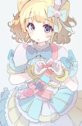 Rule 34 | 1girl, :o, belt, blonde hair, blue bow, blue bowtie, blunt bangs, blush, bow, bowtie, capelet, double bun, dress, frills, gloves, grey background, hair bow, hair bun, hair ornament, hands up, heart, heart hands, highres, idol, idol clothes, looking at viewer, minami mirei, open mouth, pretty series, priority9, pripara, puffy short sleeves, puffy sleeves, purple eyes, ribbon, short sleeves, simple background, solo, upper body, white background, white gloves