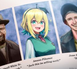 Rule 34 | 1girl, 2boys, :d, absurdres, amano pikamee, aqua eyes, aqua hair, artist name, black hairband, blush, breaking bad, collared shirt, colored inner hair, commentary, english commentary, english text, graduation, green sweater vest, hair between eyes, hairband, hat, highres, jesse pinkman, meme, mokuka noe, mortarboard, multicolored hair, multiple boys, necktie, open mouth, photo (object), profanity, red necktie, sharp teeth, shirt, short hair, sidelocks, smile, solo focus, sweater vest, teeth, two-tone hair, upper body, virtual youtuber, voms, walter white, white shirt