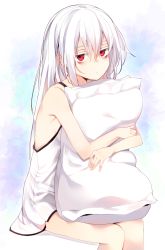 Rule 34 | 1girl, albino, bags under eyes, bare arms, bare shoulders, closed mouth, commentary request, dress, expressionless, hair between eyes, highres, jitome, long hair, looking at viewer, hugging object, original, otokuyou, pillow, pillow hug, red hair, revision, shiroi ko (otokuyou), simple background, sitting, sleeveless, sleeveless dress, solo, very long hair, white background, white dress, white hair, white theme