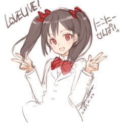 Rule 34 | 10s, 1girl, ascii media works, black hair, blazer, bow, bowtie, double v, hair bow, hair ribbon, jacket, looking at viewer, love live!, love live! school idol project, ooyari ashito, open mouth, partially colored, polka dot, polka dot ribbon, red eyes, ribbon, school uniform, simple background, sketch, smile, solo, translation request, twintails, v, white background, yazawa nico