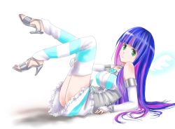 Rule 34 | 10s, 1girl, artist request, bracelet, bridal gauntlets, colored inner hair, green eyes, high heels, jewelry, legs, long legs, lying, multicolored hair, open shoes, panty &amp; stocking with garterbelt, shiny skin, shoes, solo, stocking (psg), striped clothes, striped thighhighs, thighhighs, two-tone hair