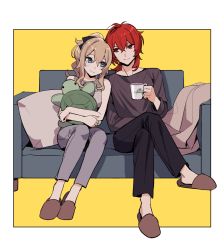 Rule 34 | 1boy, 1girl, blonde hair, blue eyes, casual, couch, cup, cushion, diluc (genshin impact), genshin impact, hetero, highres, holding, holding cup, holding stuffed toy, jean (genshin impact), long hair, long sleeves, mug, pants, ponytail, red eyes, red hair, rome romedo, shirt, simple background, sitting, sleeveless, slippers, smile, stuffed animal, stuffed toy, stuffed turtle