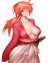 Rule 34 | 1girl, :o, blush, breasts, breasts apart, center opening, cleavage, cleavage cutout, clothing cutout, collarbone, covered erect nipples, cowboy shot, facial scar, female focus, flipped hair, from side, fumio (rsqkr), genderswap, genderswap (mtf), hakama, hakama skirt, hand on hilt, himura kenshin, hip focus, hip vent, holding, holding weapon, japanese clothes, katana, kimono, large breasts, long hair, long sleeves, looking at viewer, low ponytail, no bra, open clothes, open kimono, orange hair, parted lips, ponytail, purple eyes, red hair, rurouni kenshin, sash, scar, scar on cheek, scar on face, sheath, sheathed, simple background, skirt, sleeves past wrists, solo, standing, sword, weapon, white background