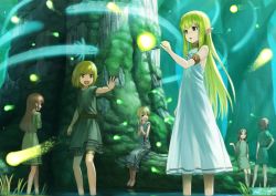 Rule 34 | 6+girls, armband, black hair, blonde hair, brown hair, commentary request, dress, elf, fairy, fantasy, fish, flying fish, forest, giant tree, green vest, long hair, looking at another, multiple girls, nature, open mouth, original, outstretched arm, pointy ears, robe, short hair, tree, vest, wading, wasabi60, water, white dress