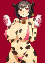 Rule 34 | 1girl, animal print, bell, belt collar, bikini, bottle, breasts, bright pupils, brown hair, collar, colored skin, covered erect nipples, cow horns, cow print, cowbell, cowboy shot, ear tag, gloves, grin, hands up, highres, holding, holding bottle, horns, large breasts, looking at viewer, medium hair, milk bottle, multicolored skin, navel, original, pink bikini, pink gloves, red background, red eyes, simple background, smile, solo, swimsuit, two-tone skin, wakamesan, white pupils