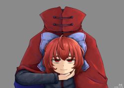 Rule 34 | 1girl, absurdres, artist request, bad id, bad pixiv id, blue bow, bow, cape, disembodied head, grey background, hair bow, half-closed eyes, highres, long sleeves, looking at viewer, red cape, red eyes, red hair, sekibanki, shirt, short hair, simple background, skirt, smile, solo, touhou