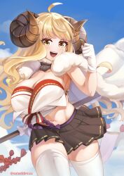 Rule 34 | 1girl, :d, absurdres, ahoge, anila (granblue fantasy), blonde hair, blue sky, breasts, caesar salad, cape, cleavage, crop top, curled horns, draph, fur cape, fur collar, gloves, granblue fantasy, highres, hikimayu, holding, holding weapon, horns, large breasts, midriff, miniskirt, navel, open mouth, pleated skirt, skirt, sky, smile, solo, thighhighs, twitter username, weapon, white gloves, white thighhighs, yellow eyes, zettai ryouiki