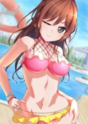 Rule 34 | 1girl, ;), amusement park, bang dream!, bare arms, bare shoulders, bead bracelet, beads, bikini, blue sky, blurry, blurry background, bracelet, breasts, brown hair, carousel, cleavage, closed mouth, commentary request, cowboy shot, day, earrings, fishnet top, fishnets, flower earrings, frilled bikini, frills, grey eyes, groin, hair between eyes, halterneck, hands on own hips, highres, hiraken, imai lisa, jewelry, long hair, looking at viewer, medium breasts, navel, official alternate costume, one eye closed, outdoors, pink bikini, pool, roller coaster, sidelocks, sky, smile, solo, standing, stomach, swimsuit, tree, two-tone bikini, yellow bikini