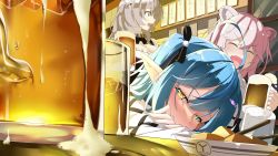 Rule 34 | 3girls, absurdres, ahoge, alcohol, animal ears, beer, beer mug, blue hair, blush, breasts, closed eyes, closed mouth, collared shirt, colored tips, cup, drinking, ear piercing, elf, food, german clothes, green eyes, grey hair, hair between eyes, half-closed eyes, head rest, highres, holding, holding cup, hololive, indoors, large breasts, lion ears, lion girl, long hair, looking at viewer, maid, mug, multicolored hair, multiple girls, open mouth, piercing, pointy ears, shirogane noel, shirogane noel (dirndl), shirt, shishiro botan, smile, streaked hair, unfinished, virtual youtuber, white shirt, yellow eyes, yukihana lamy, yukihana lamy (casual), zelitto