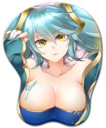 Rule 34 | 1girl, breast mousepad, breasts, cleavage, female focus, kaida michi, large breasts, league of legends, long hair, looking at viewer, mousepad, mousepad (medium), solo, sona (league of legends), transparent background, twintails, yellow eyes