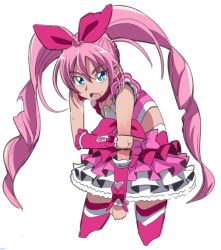 Rule 34 | 10s, 1girl, blue eyes, bow, brooch, choker, cropped legs, cure melody, earrings, exhausted, frilled skirt, frills, hair ribbon, haiteku, heart, houjou hibiki, jewelry, long hair, looking at viewer, magical girl, midriff, open mouth, pink bow, pink hair, precure, ribbon, simple background, skirt, solo, suite precure, twintails, white background