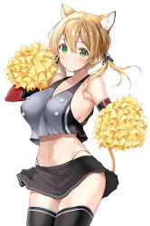Rule 34 | 1girl, adapted costume, animal ear fluff, animal ears, black skirt, black thighhighs, blonde hair, blush, breasts, cat ears, cat tail, cheering, cheerleader, closed mouth, collarbone, cowboy shot, green eyes, hair between eyes, highres, holding, holding pom poms, inuzumi masaki, kantai collection, large breasts, long hair, low twintails, miniskirt, navel, pleated skirt, pom pom (cheerleading), pom poms, prinz eugen (kancolle), simple background, skirt, smile, solo, tail, thighhighs, twintails, white background
