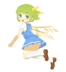 Rule 34 | 1girl, absurdres, bad id, bad pixiv id, blue eyes, blush, daiyousei, female focus, full body, green hair, hair ribbon, highres, loafers, looking back, open mouth, pleated skirt, ribbon, shoes, short hair, side ponytail, simple background, skirt, socks, solo, touhou, white background, white socks, wings