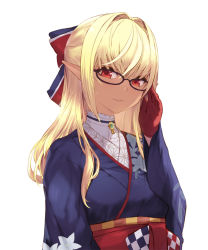 Rule 34 | 1girl, adjusting eyewear, bad id, bad pixiv id, blonde hair, blue kimono, bow, breasts, cait aron, closed mouth, commentary request, dark-skinned female, dark skin, elf, glasses, gloves, hair bow, hair intakes, hand up, hololive, japanese clothes, kimono, long hair, long sleeves, looking at viewer, medium breasts, obi, pointy ears, red bow, red eyes, red gloves, sash, shiranui flare, shiranui flare (new year), sidelocks, smile, solo, upper body, virtual youtuber, wide sleeves